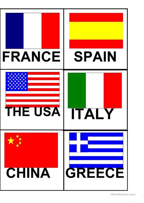 flags  countries flashcards worksheet  esl