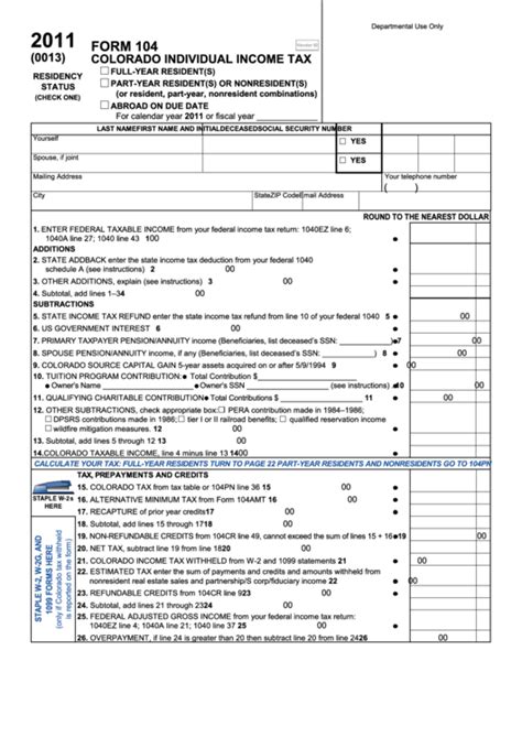 Form 104 Colorado Individual Income Tax 2011 Printable Pdf Download