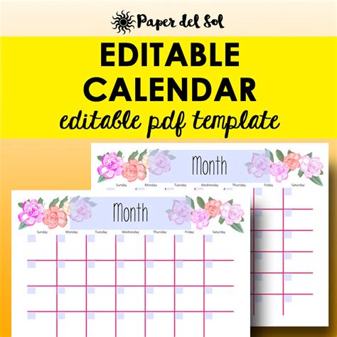 Monthly Calendar Editable Template Planner Printable Calendar Etsy