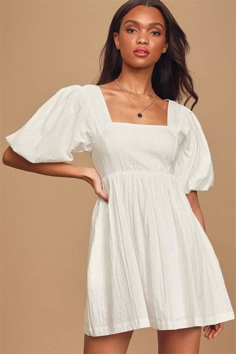 Maximum Cuteness White Puff Sleeve Babydoll Dress Babydoll Dress