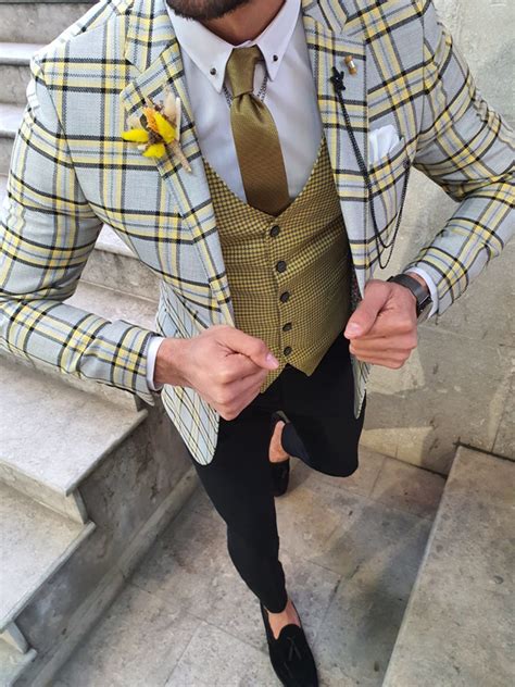 buy yellow slim fit plaid suit by with free shipping