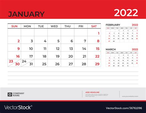 Desk Calendar 2022 Design January 2022 Template Vector Image