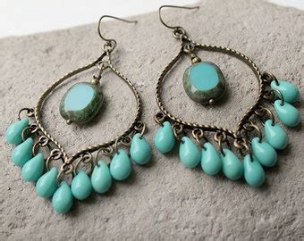 Items Similar To Turquoise Creme Glass Chandelier Earrings Green