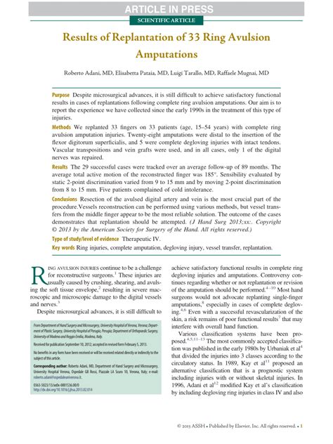 Pdf Results Of Replantation Of 33 Ring Avulsion Amputations