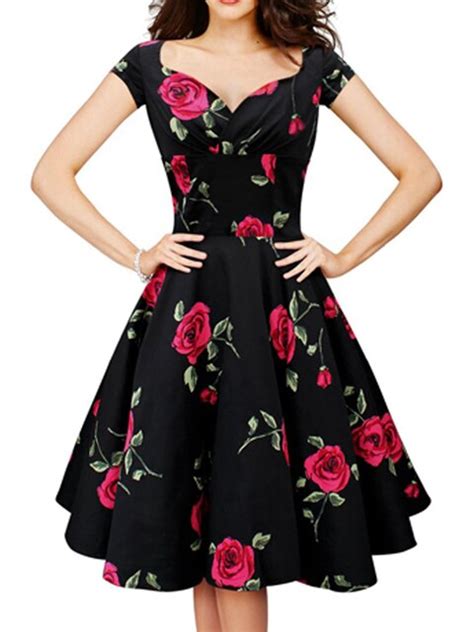 V Neck High Waist Elegant Red Rose Flower Floral Print Dress Retro Plus
