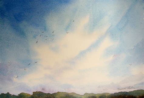 Cloud Painting Blue Sky Birds Soaring Original Watercolor