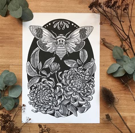 Song Of The Night Linocut Print Cicada Relief Print Etsy
