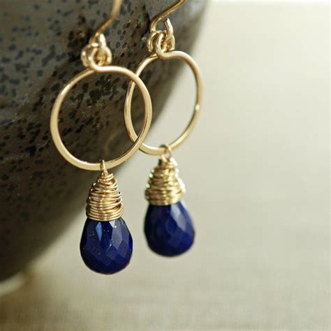 Lapis Lazuli Gold Hoop Earrings September Birthstone Navy Etsy