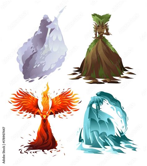 Air Earth Fire And Water Elementals Fantasy Creatures Stock Vector