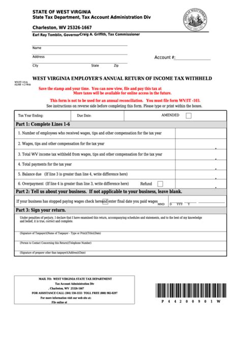 Form Wvit 101a West Virginia Employers Annual Return Of Income Tax