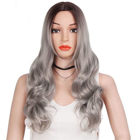 Aisi Queens Ombre Wig Silver Gray Long Wavy Wigs For Women Side Part