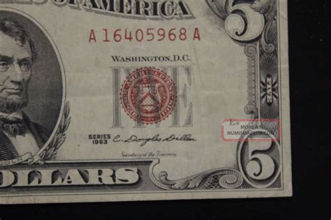 1963 Us Red Seal 5 Dollar Note Bill