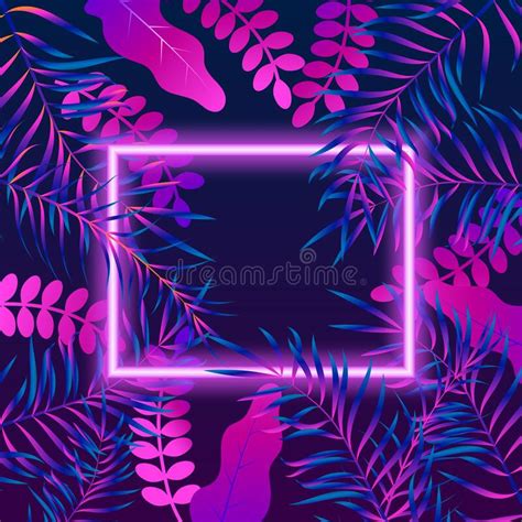 Tropical Leaves Card With Neon Lights Frame Stock Vector Illustration