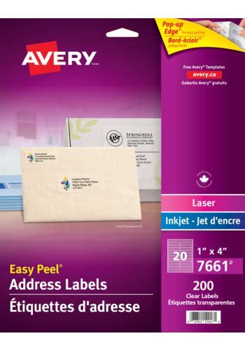 Avery 7661 Clear Address Labels 1 X 4 Rectangle Glossy Clear