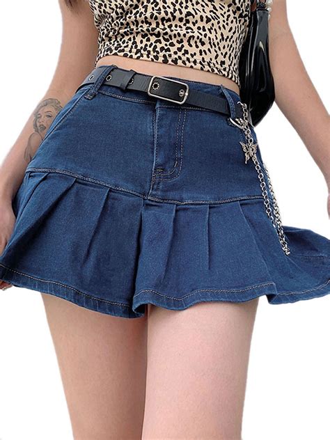 Womens Slim Pleated Ruffle Denim Skirts Girl Y2K A Line Short Jean