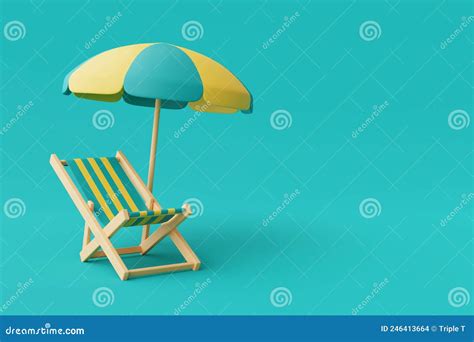 3d Rendering Of Beach Chair And Umbrella Isolated On Blue Background3d