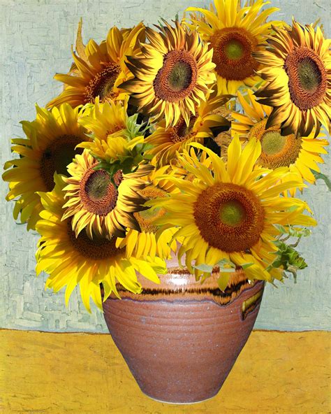 A Painting Of Sunflowers In A Vase On A Table