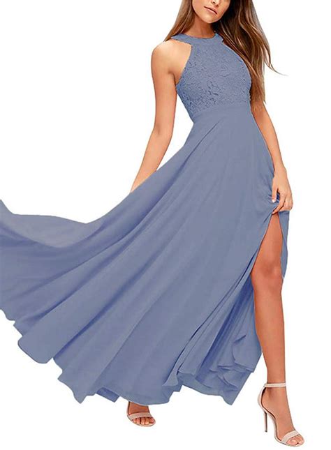 Halter Lace Bridesmaid Dresses Chiffon Sleeveless Prom Dress Long With Split A Line Formal
