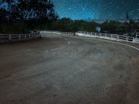Scenic Night Landscape Of Country Road At Night With Stars On The Sky