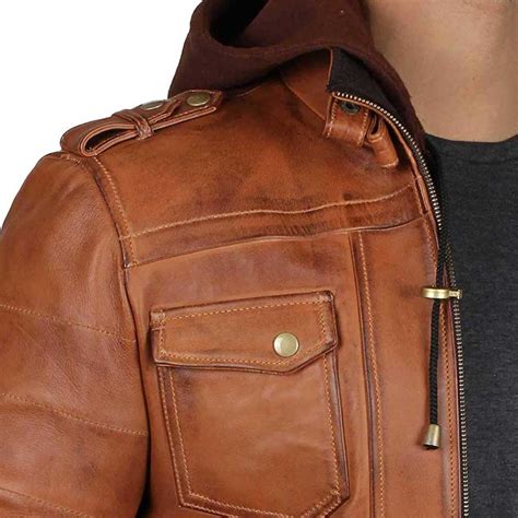 Brown Leather Bomber Jacket With Removable Hood Men Jacket Empire
