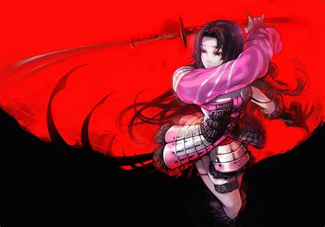 Oichi Red Female Sengoku Basara Armor Girl Lone Red Background