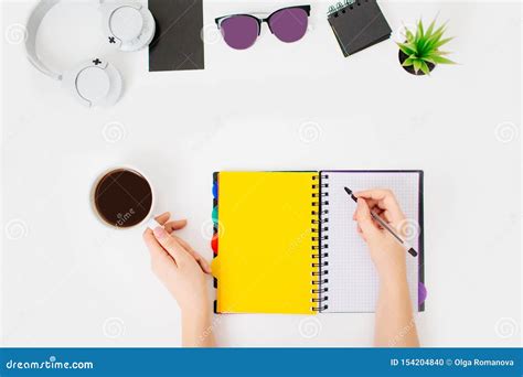 Flatlay With Female Hands Writing In A Notepad Stock Photo Image Of