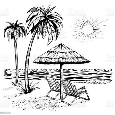 Gold sunset beach waves banner black and white. Beach Landscape Relaxing Resort Vector Line Sketch Illustration Stock Illustration - Download ...