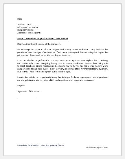 Immediate Resignation Letter Due To Work Stress Download