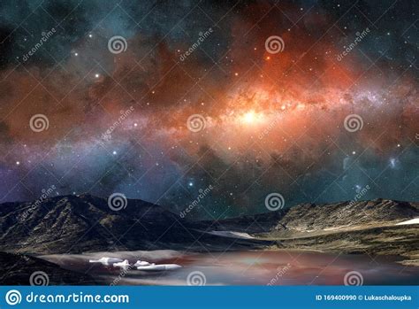 Space Scene Milky Way In Colorful Nebula Above Mountain With Lake And