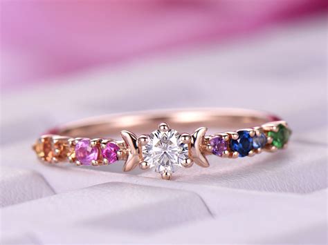 Round Moissanite Engagement Ring Rainbow Accent Gemstones 14k Rose Gold