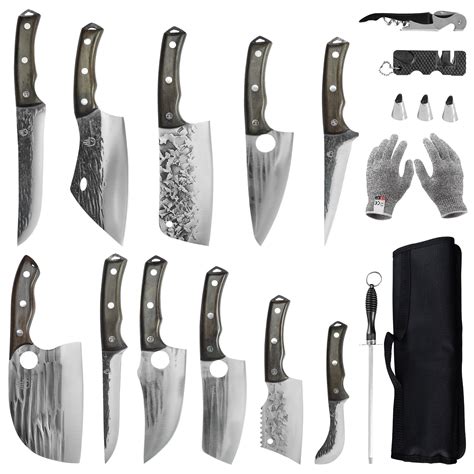 Fullhi 17pcs Butcher Chef Knife Set Include Sheath High Carbon Steel