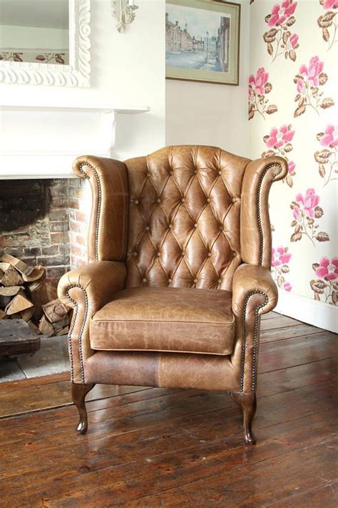 Chesterfield Queen Anne High Back Wing Chair In Vintage Tan Leather