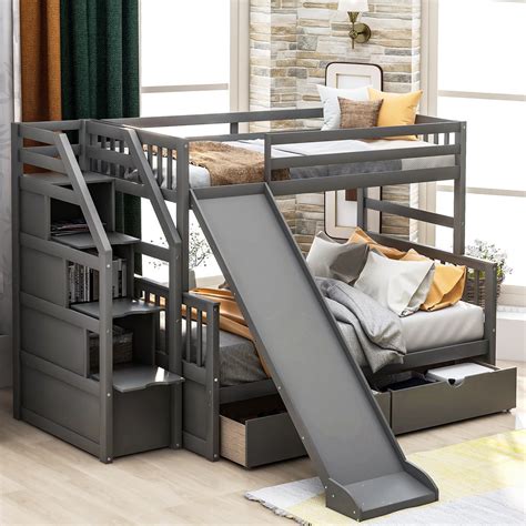 ModernLuxe Twin over Full Bunk Bed with Slide, Drawers, Storage Stair ...