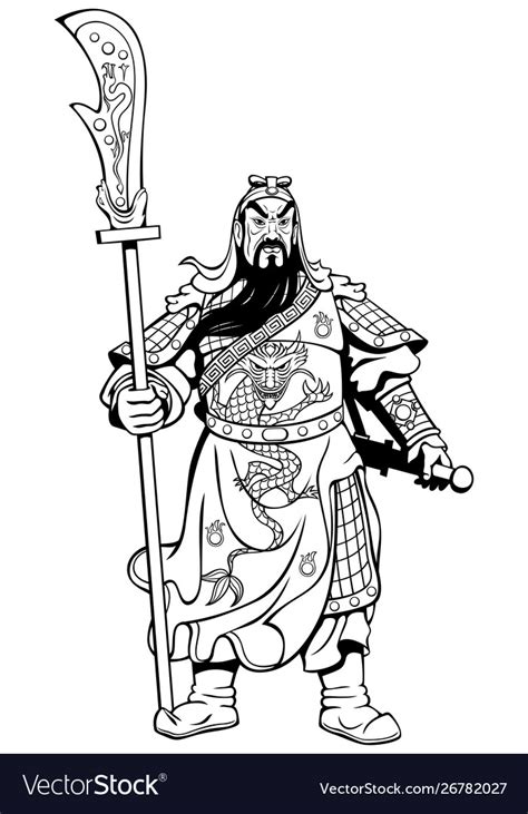 Chinese Warrior Line Art Royalty Free Vector Image