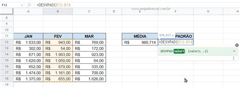 Cálculo de Desvio Padrão no Planilhas Google Ninja do Excel