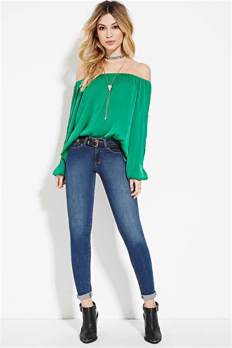 Forever 21 Satin Off The Shoulder Top In Green Lyst