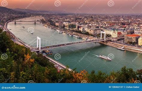 Budapest Hungary Aerial Panoramic Skyline Of Budapest At Sunset With