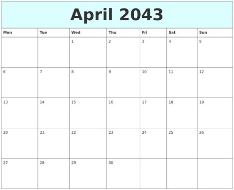 April 2043 Free Calendar