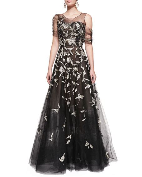 Oscar De La Renta Silver Embroidered Evening Gown Black