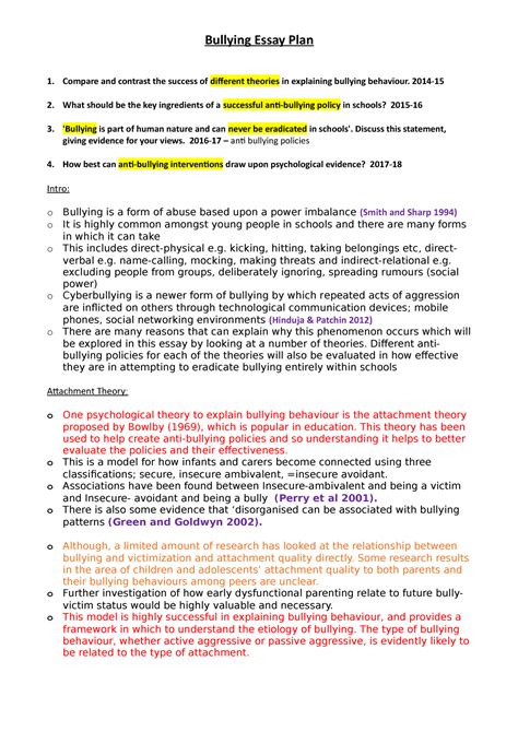 bullying essay plan grade na 1 compare and contrast the success of different theories in