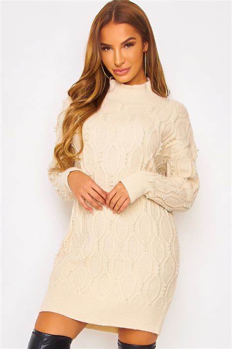 Pull robe femme col roulé taupe. Robe pull beige à perles - Brentiny Paris