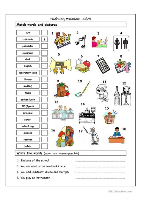 Get personalized guidance & win fun awards. Vocabulary Matching Worksheet - SCHOOL worksheet - Free ESL printable worksheets made by teachers