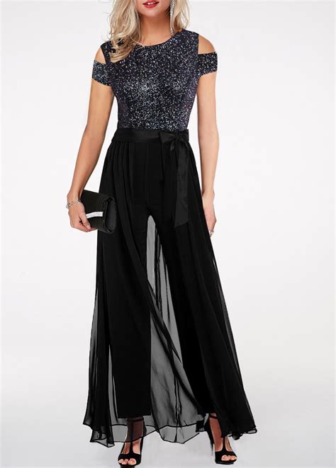Belted Chiffon Overlay Cold Shoulder Shining Jumpsuit