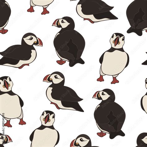 Vector Seamless Pattern With Hand Drawn Atlantic Puffins Isolated On