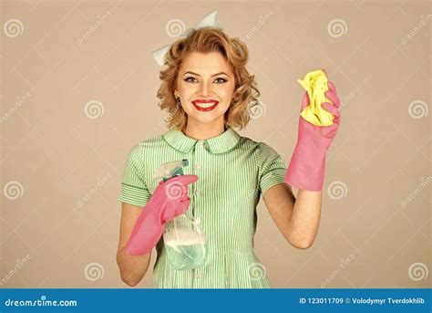 Pinup Woman Hold Soup Bottle Duster Stock Image Image Of Cleaner