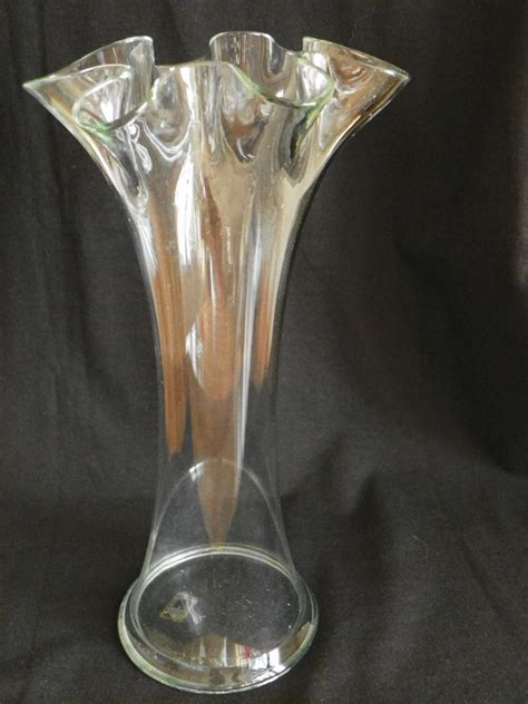 Large 105 Tall Clear Glass Vase Ruffled Top Handmade Blown Made In