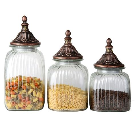 Glass Food Canister With Finial Lid Set Of 3 Food Canisters At Home Store Kitchen Canisters