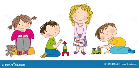 Little Preschool Children Playing Together Stock Vector Illustration