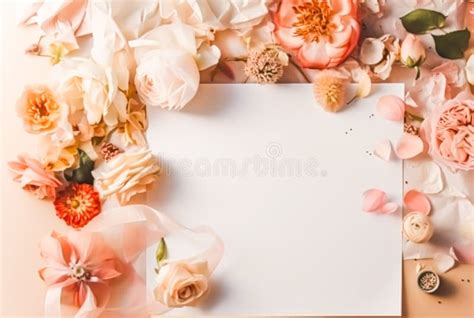 Beautiful Flatlay With Flowers And Empty Blank Paper For Letter Or Note