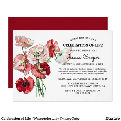 Celebration Of Life Watercolor Red Poppy Funeral Invitation Zazzle